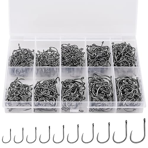 500PCS Premium Fishing Hooks, 10 Sizes Reemoo Carbon Steel Fishing Hooks W/Portable Plastic Box, Strong Sharp Fish Hook with Barbs for Freshwater/Seawater