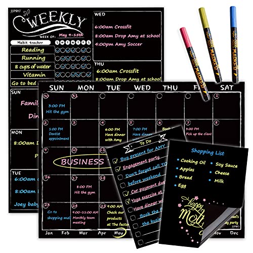 JJPRO Magnetic Chalkboard Monthly Calendar - Weekly Planner Blackboard combo set w/Neon Bright Liquid Chalk Markers - Bonus Grocery List and Notepad Blackboard for Refrigerator Included