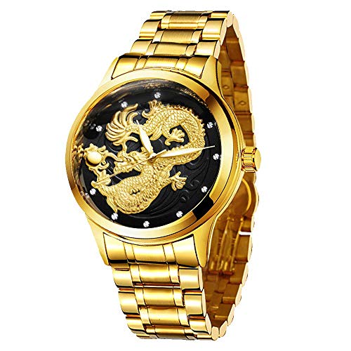 Udaney Mens Golden Dragon Watches Quartz Business Wristwatch Stainless Steel Strap Gifts for Father Husband