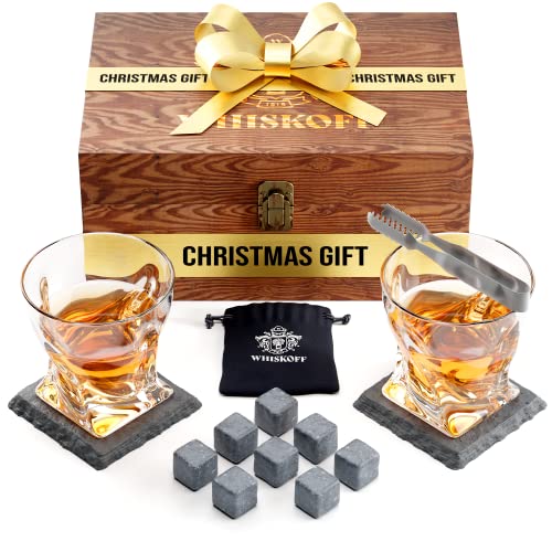 Whiskey Glass Set of 2 - Bourbon Stones Gift For Men Includes Crystal Whisky Rocks Glasses , Chilling Stones , Slate Coasters Scotch Glasses in Wooden Box Wisky Burbon Retirement Gifts