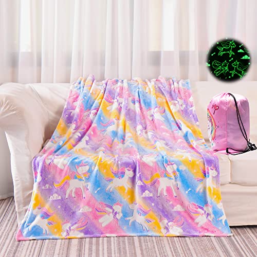 YJLMLY Glow in The Dark Unicorn Blanket, Unicorn Gifts Toys for Girls, Soft Pink Girls Blanket for 2 3 4 5 6 7 8 9 10 Year Old Girl Birthday Ideas, 50''x60''