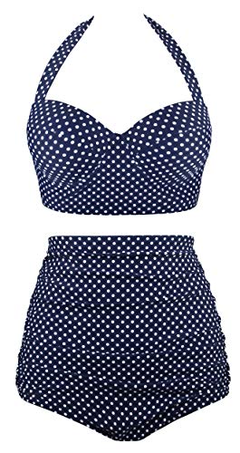 Angerella High Waisted Bikini Vintage Swimsuits for Women 2 Piece Bathing Suit Beach Polka Dot Swimwear Navy,XL