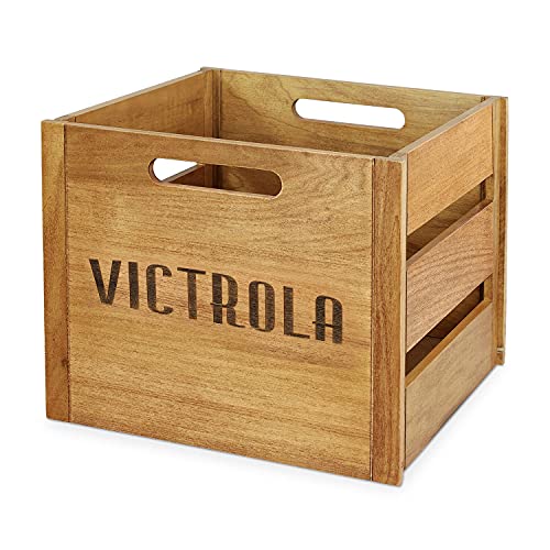 Victrola Wooden Crate - Table Top Album Holder and Organizer for All Records, Holds over 50 Vinyls, Classy Wood Finish, Easy Installation, Elegant Design