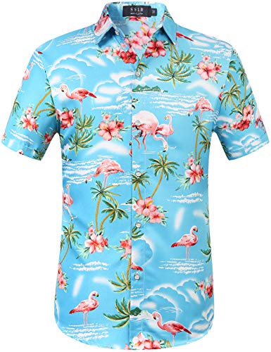 SSLR Hawaiian Shirt for Men Flamingo Short Sleeve Casual Button Down Shirts Summer Beach Shirt (X-Large, Blue)