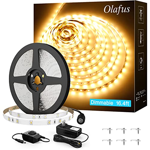 Olafus 16.4ft LED Strip Lights Warm White Dimmable, LED Rope Light Kit 12V Flexible Under Cabinet Lighting Strips, 5m 300 LEDs 2835, 3000K Bright Led Lighs for Bedroom, UL Listed Plug