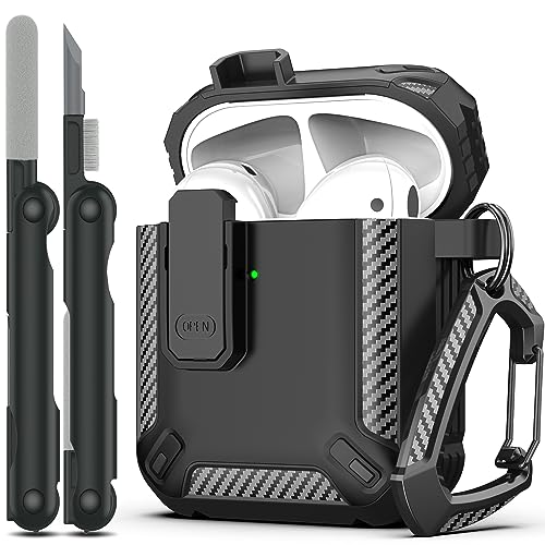 RFUNGUANGO AirPods 2nd Generation Case Cover with Cleaner Kit, Military Hard Shell Protective Armor with Lock for AirPod Gen 1&2 Charging Case, Front LED Visible,Black