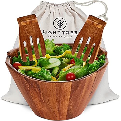 Wooden salad bowl set with serving forks mixing - large bowl with magnetic serving utensils attached to large acacia wood bowl for 6-8 helpings - unique wood bowl with fabric bag