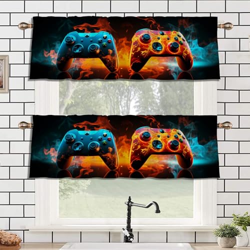 LHROOMJK Game Controller Decor Kitchen Valance for Window, Gamer Gaming Video Cool Gamepad Treatment 2 Panel x 54' W x 18' L for Bedroom Living Room,Rod Pocket Short Curtains for Bathroom Cafe