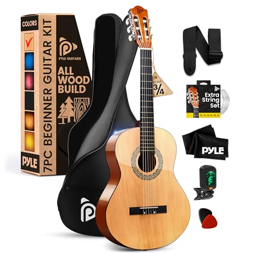 Pyle Beginner Acoustic Guitar Kit, 3/4 Junior Size All Wood Instrument for Kids, Adults, 36' Natural Wood Gloss