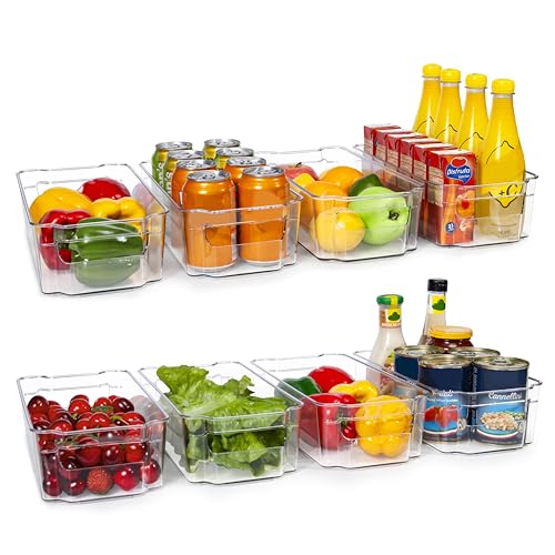 HOOJO Refrigerator Organizer Bins - 8pcs Clear Plastic Bins For Fridge, Freezer, Kitchen Cabinet, Pantry Organization, BPA Free Fridge Organizer, 12.5' Long, Clear