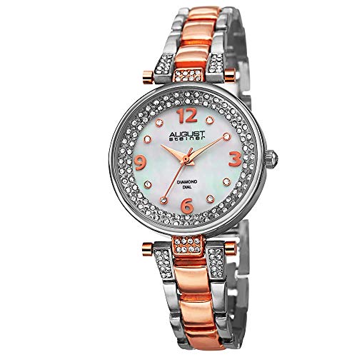 August Steiner Women's Diamond Watch - Diamond Hour Markers on White Mother of Pearl Dial On Crystal Accented Rose Gold and Silver Two-Tone Stainless Steel Bracelet - AS8137