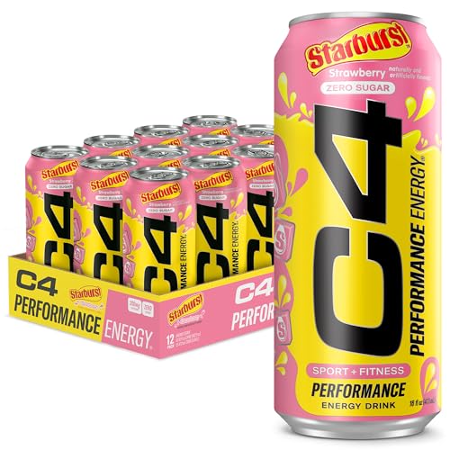 Cellucor C4 Energy Drink, STARBURST Strawberry, Carbonated Sugar Free Pre Workout Performance Drink with no Artificial Colors or Dyes, Pack of 12