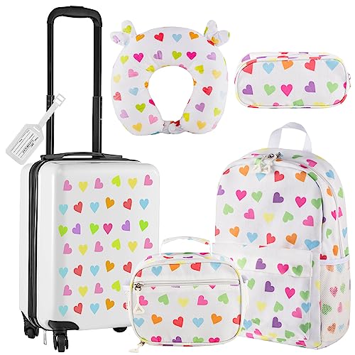 Redbaker 6 Pcs Kids Luggage Set Gift for Christmas Kids Suitcase for Girls Boys Kids Suitcase with Backpack, Neck Pillow Name Tag(White, Love Style)