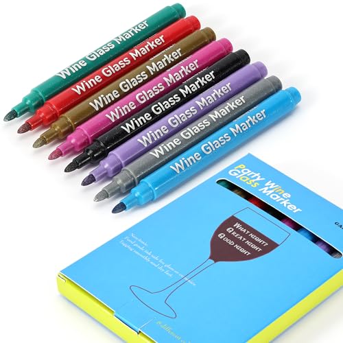 GAINWELL Wine Glass Markers – Pack of 8 Food-Safe Non-Toxic Wine Glass Marker Pens - Can also be Used on Ceramic Plates and other Glass and Dinnerware