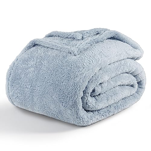 Berkshire Blanket Classic Extra-Fluffy Plush Blanket,Queen Size Bed Blanket,Soft Fuzzy Fluffy Long Hair Blanket for Couch Sofa Bed,Blue Mist,90x90 Inches