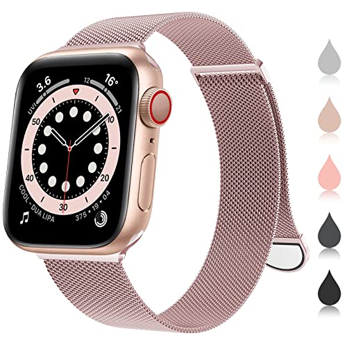 OULUOQI Compatible with Apple Watch Band Series 9, Ultra/Ultra 2, SE 8 7 6 5 4 3 2 1 38mm 40mm 41mm 42mm 44mm 45mm 49mm Women and Men, Stainless Steel Milanese Loop Magnetic Clasp Replacement for iWatch Band (38mm/40mm/41mm Rose Gold）