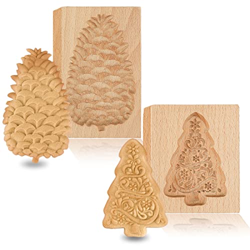 FEBSNOW 2PCS Wooden Cookie Molds Cookie Molds for Baking 3D Baking Mold Cookie Stamps Beech Pine Cone Biscuit Wooden Cookie Cutter Christmas Tree Embossing Mold Decorating Baking Tool for Kitchen DIY
