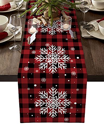 Christmas Table Runner-Red Black Buffalo Plaid Check snowflake-Cotton Linen-Winter Dinner Scarf Décor,Long 90 Inch Holiday Dresser Scarves,Farmhouse Xmas Kitchen Coffee/Dining Living Room Tablerunner