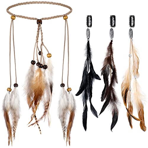 XunYee 4 Pack Halloween Feather Headband with Feather Hair Clips Comb Set for Women, Hippie Headband Hair Extensions, Bohemia Indian Headdress Gypsy Tassel Peacock Headpieces (Retro)