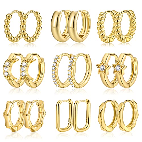 Brass Gold Huggie Hoop Earrings Set for Women Girls, Small Tiny Cartilage Hoops Earrings for Women Trendy, Hypoallergenic Hoop Earrings Jewelry for Multiple Piercing