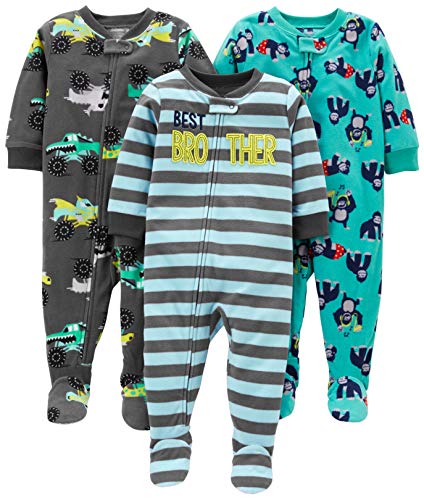 Simple Joys by Carter's Baby Boys' Loose-Fit Flame Resistant Fleece Footed Pajamas, Pack of 3, Dark Grey Monster Trucks/Light Blue Stripe/Turquoise Blue Gorilla, 12 Months