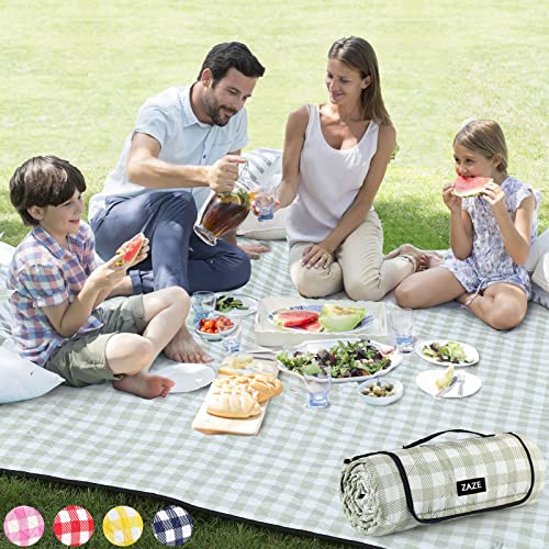 ZAZE Extra Large Picnic Outdoor Blanket, 80''x80'' Waterproof Foldable Blankets Gingham Picnic Mat for Beach, Camping Grass Lawn Park Accessories Cute Couples Gift Ideas Wedding Registry(Green White)
