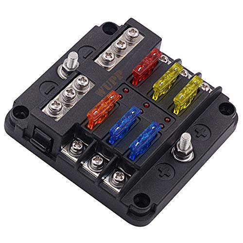WUPP 12 Volt Fuse Block, Waterproof Boat Fuse Panel with LED Warning Indicator Damp-Proof Cover, 6 Circuits with Negative Bus Fuse Box for Car Marine RV Truck DC 12-24V