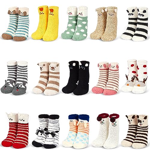 Hercicy 15 Pairs Women Fuzzy Socks Cute Striped Animal Fluffy Sock Soft Winter Warm Coral Fleece Slipper Socks Girls Indoors Cozy Sleeping Fuzzy Socks