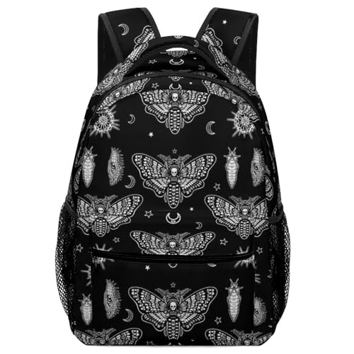 Travel Gifts Presents, Travel Laptop Backpack, Water Resistant College Bag, Computer Bag For Women Men Compatible with Gothic Moth Skull Sun Moon Black And White