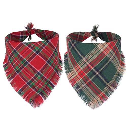 ADOGGYGO Christmas Dog Bandanas with Tassels Edges, Stylish Plaid Dog Christmas Scarf Bib, Multiple Sizes Offered, Plaid Bandanas for Medium Large Dogs (Large, Christmas)