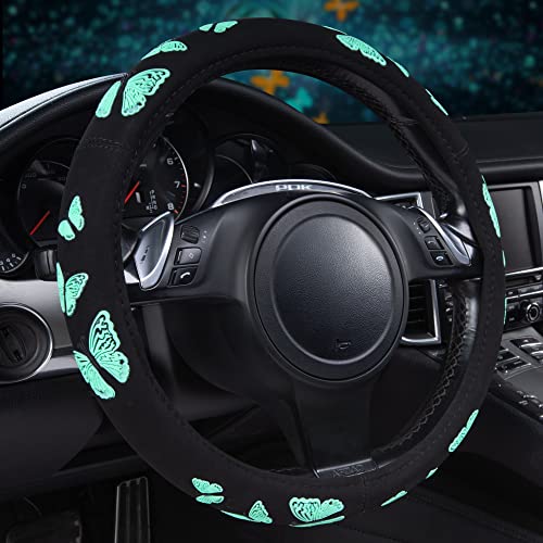 Car Pass Mint Butterfly Steering Wheel Cover, Pretty Cute Steering Wheel Cover for Women Girls, Universal Fit for Suvs, Trucks, Sedans, Cars (Black and Mint)