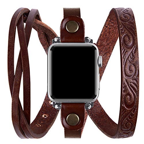Vikoros Leather Double Wrap Band Compatible for Apple Watch 38mm 40mm 41mm Ultra Iwatch Series 8/7/6/5/4/3 Womens, Cool Woven Leather Bracelet Design Watch Bands Strap Compatible with Apple Watch SE, Brown