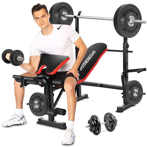 OPPSDECOR 600lbs 6 in 1 Weight Bench Set with Squat Rack, Workout Bench with Leg Extension Preacher Curl Rack Multi-Function Bench Press Set for Home Gym, ZWX1113 New Version Weight Bench