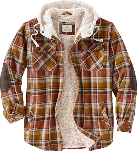 Legendary Whitetails Men's Standard Camp Night Berber Lined Hooded Flannel Shirt Jacket, Arrowood Barnwood Plaid, Large