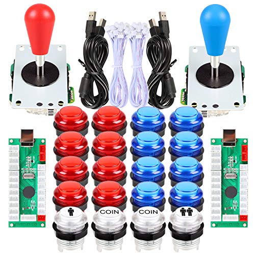 Avisiri 2 Player led Arcade Buttons and joystick DIY kit 2X joysticks + 20x led Arcade Buttons Game Controller kit for Windows and MAME and Raspberry Pi (Red-Blue-Kits)