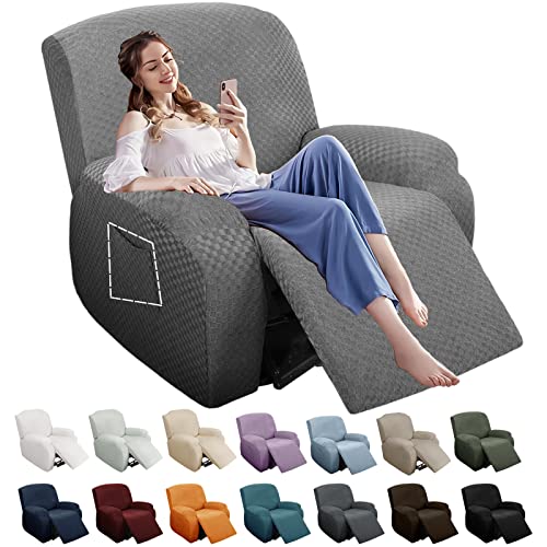 YEMYHOM 4 Pieces Stretch Recliner Slipcover Latest Jacquard Chair Cover with Side Pocket Anti-Slip Fitted Couch Furniture Protector with Elastic Bottom (Light Gray)