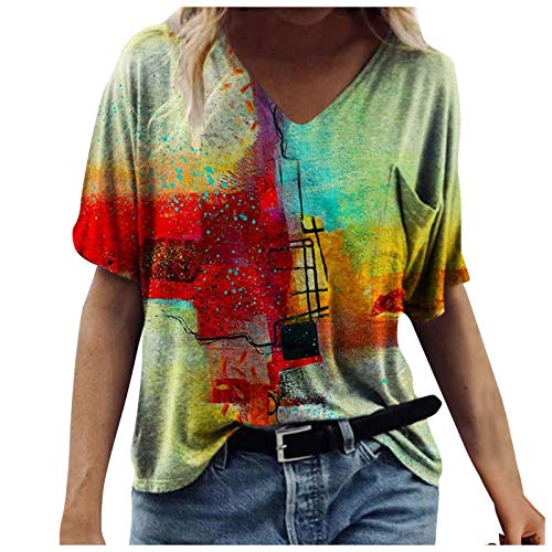Plus Size Tops for Women Dressy Summer Trendy Short Sleeve V Neck T Shirts Rainbow Tie Dye Graphic Tees Loose Blouses