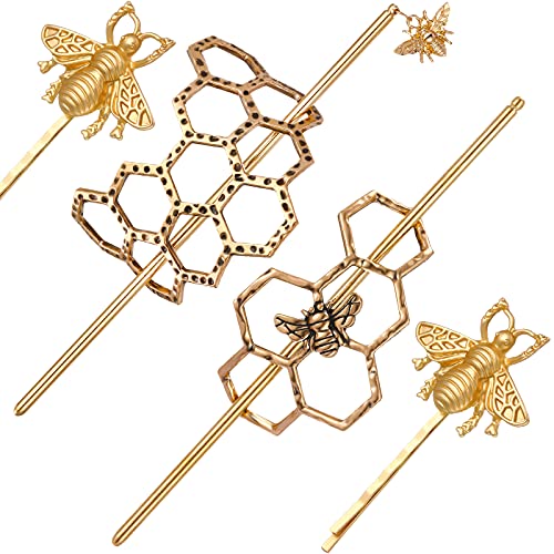 4 Pieces Bee Accessories 2 Pieces Hollow Geometric Bee Honeycomb Hair Clips and 2 Pieces Bee Hair Pin Clips Dainty Alloy Metal Bee Hair Twist Bun Hair Stick Headpieces for Women Girls (Gold) (GOLD)
