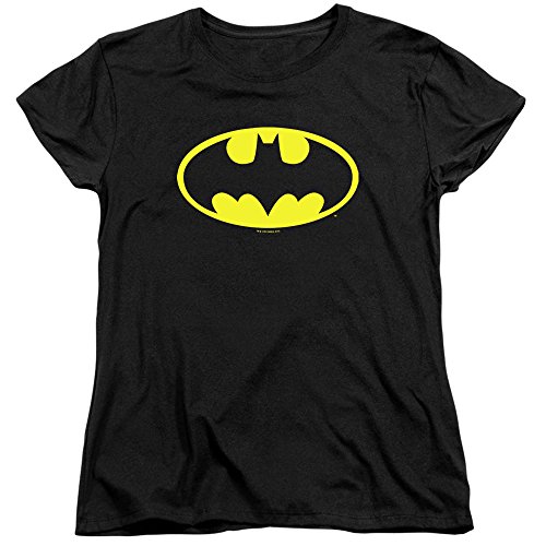 PopFunk Classic Batman Classic Logo Womens Premium Cotton Short Sleeve Graphic T-Shirt & Stickers (Medium) Black