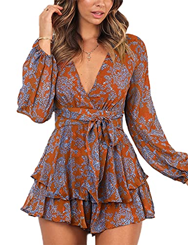 Relipop Women's Romper Floral Print V Neck Baggy Sleeve Waist Tie Layered Ruffle Hem Short Casual Summer Rompers Jumpsuits
