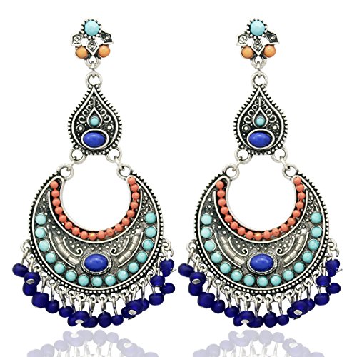 RechicGu Retro Silver Women Indian Earrings Tribal Vintage Crescent Blue Stone Jhumki Jhumka Banjara Kuchi Belly Dance Gypsy Oxidized Earrings