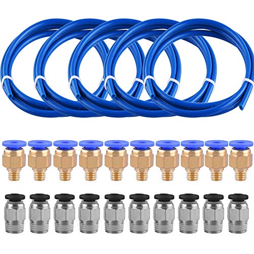 SIQUK 5 Pieces Teflon Tube Blue PTFE Tubing (1M) with 10 Pieces PC4-M6 Fittings and 10 Pieces PC4-M10 Fitting Connector for 3D Printer 1.75mm Filament