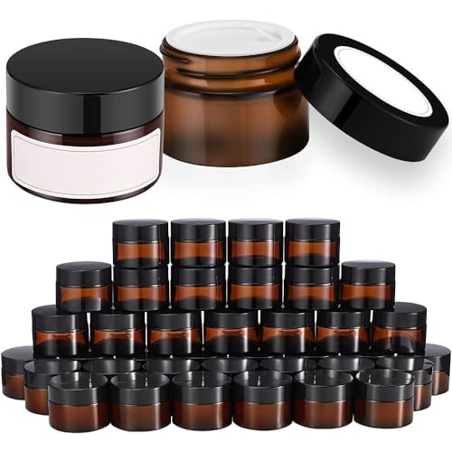 48 Pcs 1 oz Amber Glass Jars, Small Glass Jars with Black Lids Face Cream Leakproof Wide Mouth Round Jar, White Labels & Inner Liners, Empty Cosmetic Containers for Storage Cream, Ointments, sample