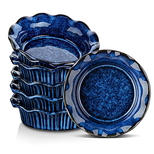 vancasso Stern Mini Pie Pans Set of 6, Ceramic Dish Pie Plate for Baking, Small Plates with Corrugated Edge, Easy to Clean, Dishwasher & Microwave & Oven Safe Blue, 5.5 inch, 9 Ounce