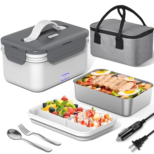 Herrfilk Electric Lunch Box Food Heater 100W, 4 in 1 Ultra Quick Heated Lunch Boxes for Adults 12V/24V/110V/220V Portable Food Warmer for Car/Truck/Office With Fork Spoon and Insulated Carry Bag