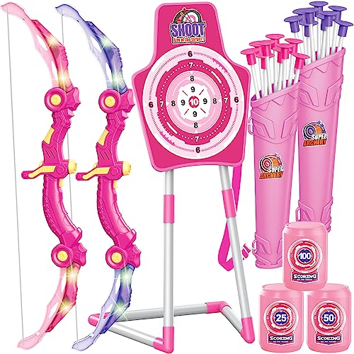 GMAOPHY Bow and Arrow Toys for 5 6 7 8 9 10 Years Olds Girls, Indoor Outdoor Activity LED Light Up Archery Set for Girls Birthday Gift, for Kids Ages 6-8, 2 Bow, 20 Arrows, Archery Target