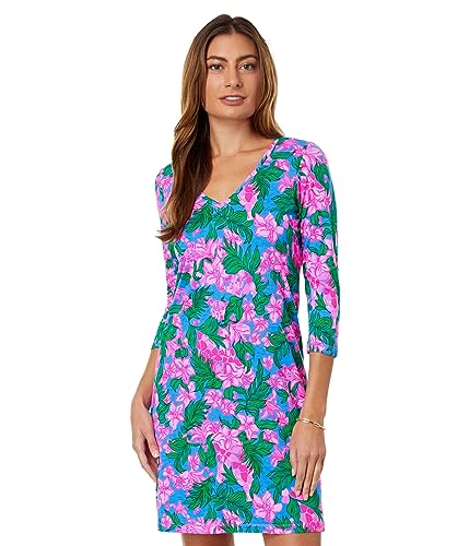 Lilly Pulitzer Womens Tessa 3/4 Sleeve V-Neck Dress Cerise Pink Safari Sunset LG One Size