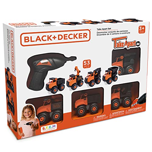 Black & Decker Take Apart Mini Construction Trucks Set, Four Durable Trucks and Electric Drill for Little Builders