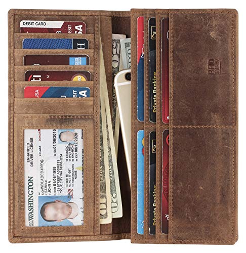 Mou Meraki Mens Vintage Genuine Leather RFID Blocking Long Wallet Bifold Wallets For Men (TOBACCO)