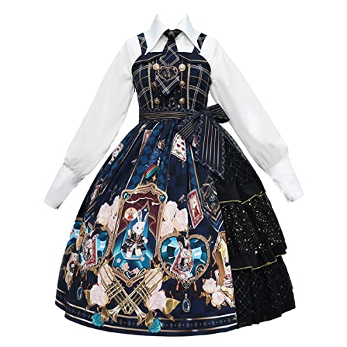 Mingyuezai Cute and Gorgeous Print Bunny Band Sleeveless JSK Princess Halloween Christmas Weekend Party Dress Three-Piece (Slip Dress+Shirt(Blue), M)